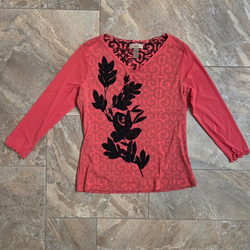 Vintage Whimsigoth Y2K i.e. Womens Coral Mesh Long Sleeve Floral Flocked Top L